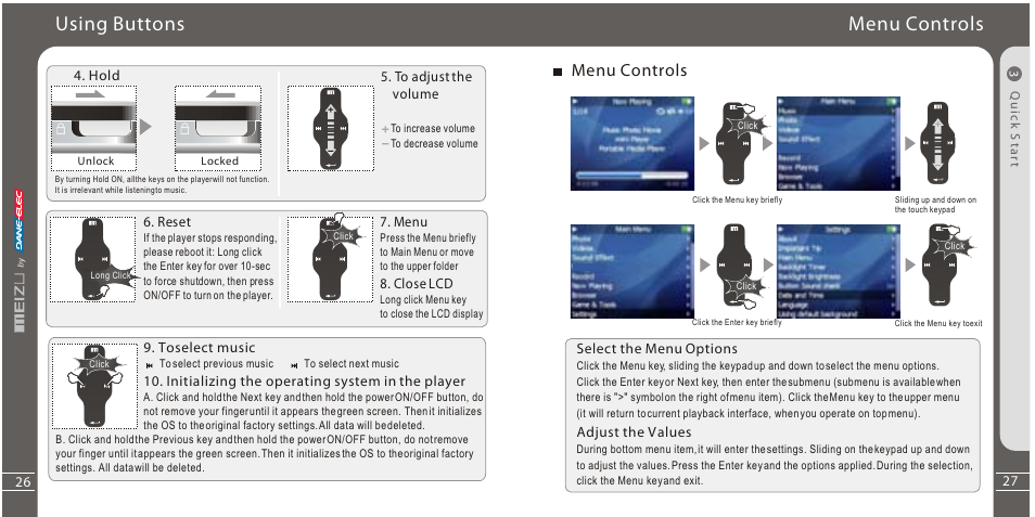 Using buttons, Menu controls | Meizu Portable Media Player User Manual | Page 14 / 37