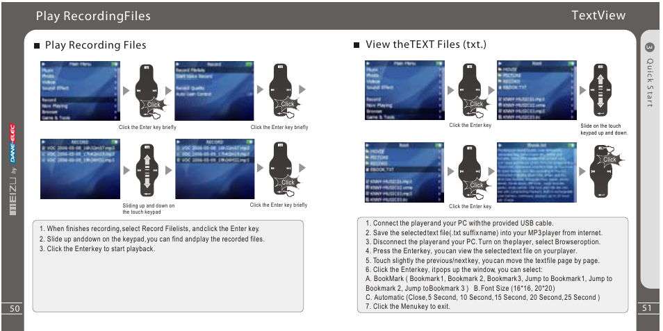 Play recordingfiles, Textview, Play recording files | View thetext files (txt.) | Meizu Portable Media Player User Manual | Page 26 / 37