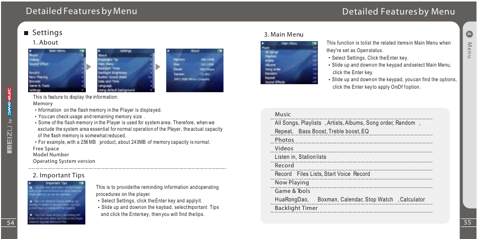 Detailed features by menu, Settings | Meizu Portable Media Player User Manual | Page 28 / 37