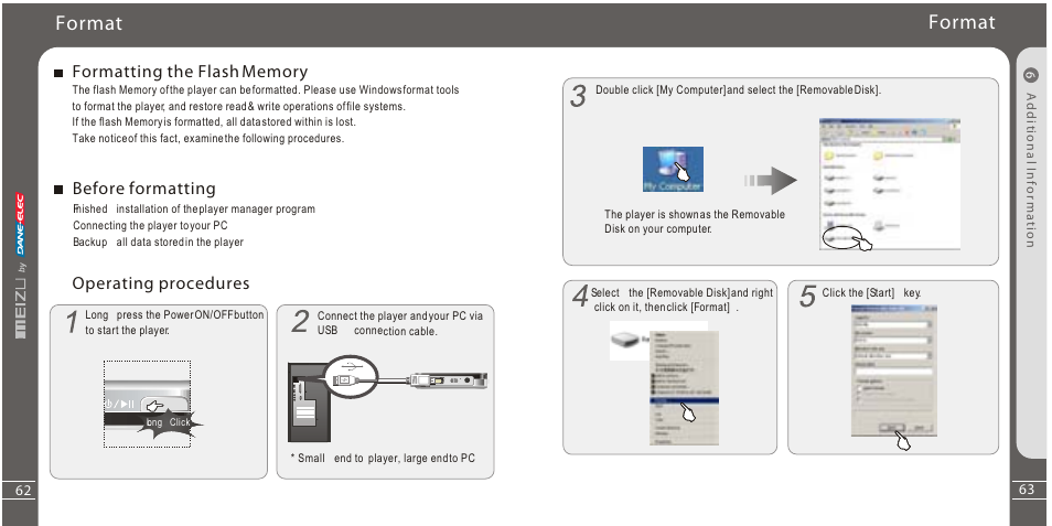 Format, Before formatting, Operating procedures | Meizu Portable Media Player User Manual | Page 32 / 37