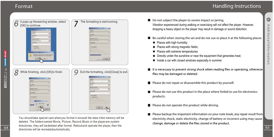 Format, Handling instructions | Meizu Portable Media Player User Manual | Page 33 / 37