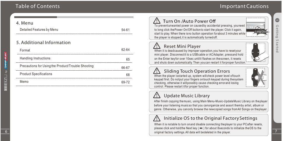 Important cautions table of contents | Meizu Portable Media Player User Manual | Page 4 / 37