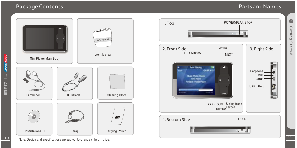 Package contents, Parts andnames | Meizu Portable Media Player User Manual | Page 6 / 37