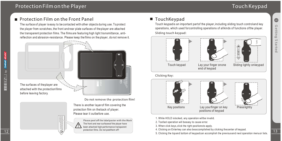 Protection film on the player touch keypad, Touchkeypad, Protection film on the front panel | Ge tti n gs ta rt ed 1 | Meizu Portable Media Player User Manual | Page 7 / 37