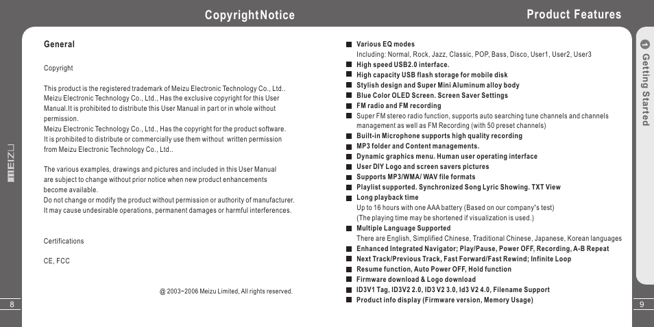 Copyright notice, Product features | Meizu X3 User Manual | Page 5 / 35