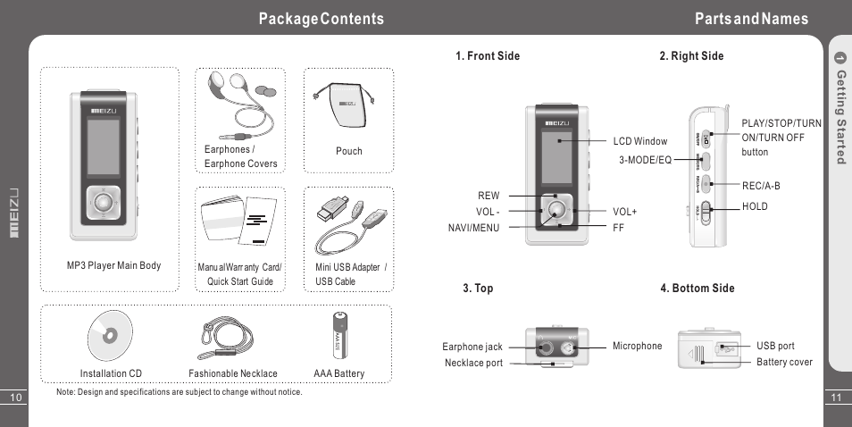 Package contents, Parts and names | Meizu X3 User Manual | Page 6 / 35