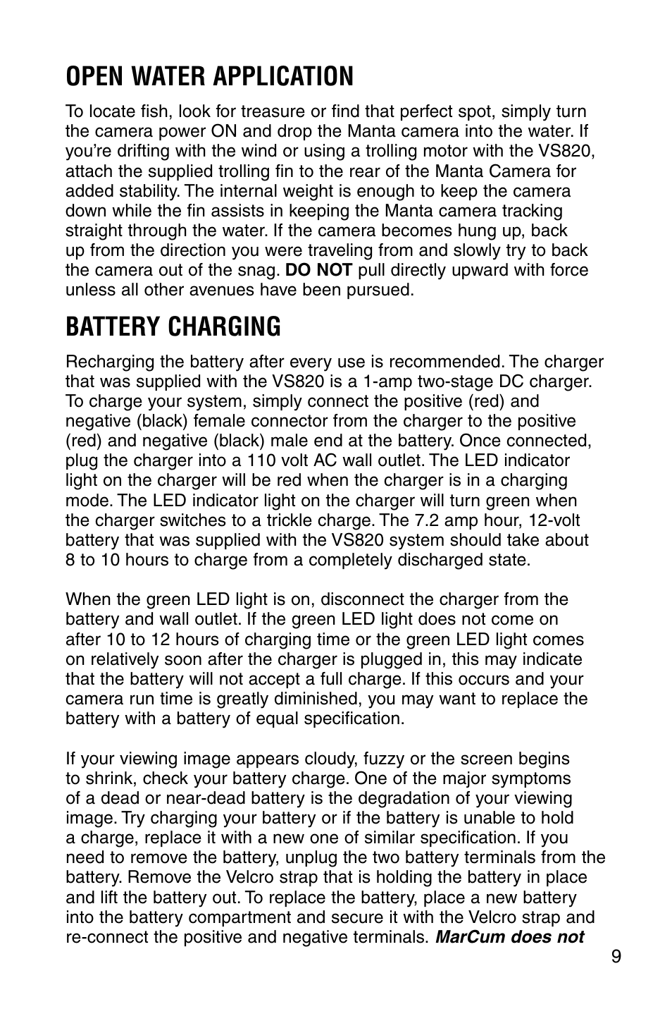 Open water application, Battery charging | Marcum Technologies Underwater Viewing System VS820 User Manual | Page 11 / 16