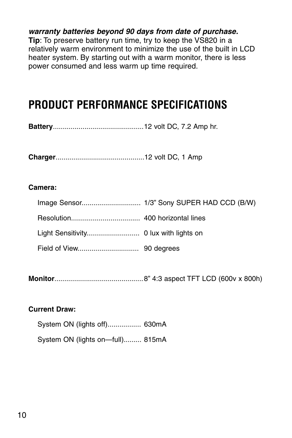 Product performance specifications | Marcum Technologies Underwater Viewing System VS820 User Manual | Page 12 / 16