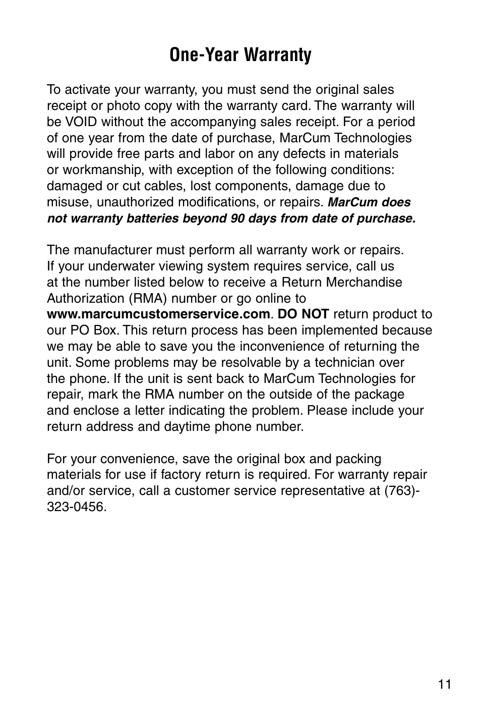 One-year warranty | Marcum Technologies Underwater Viewing System VS820 User Manual | Page 13 / 16