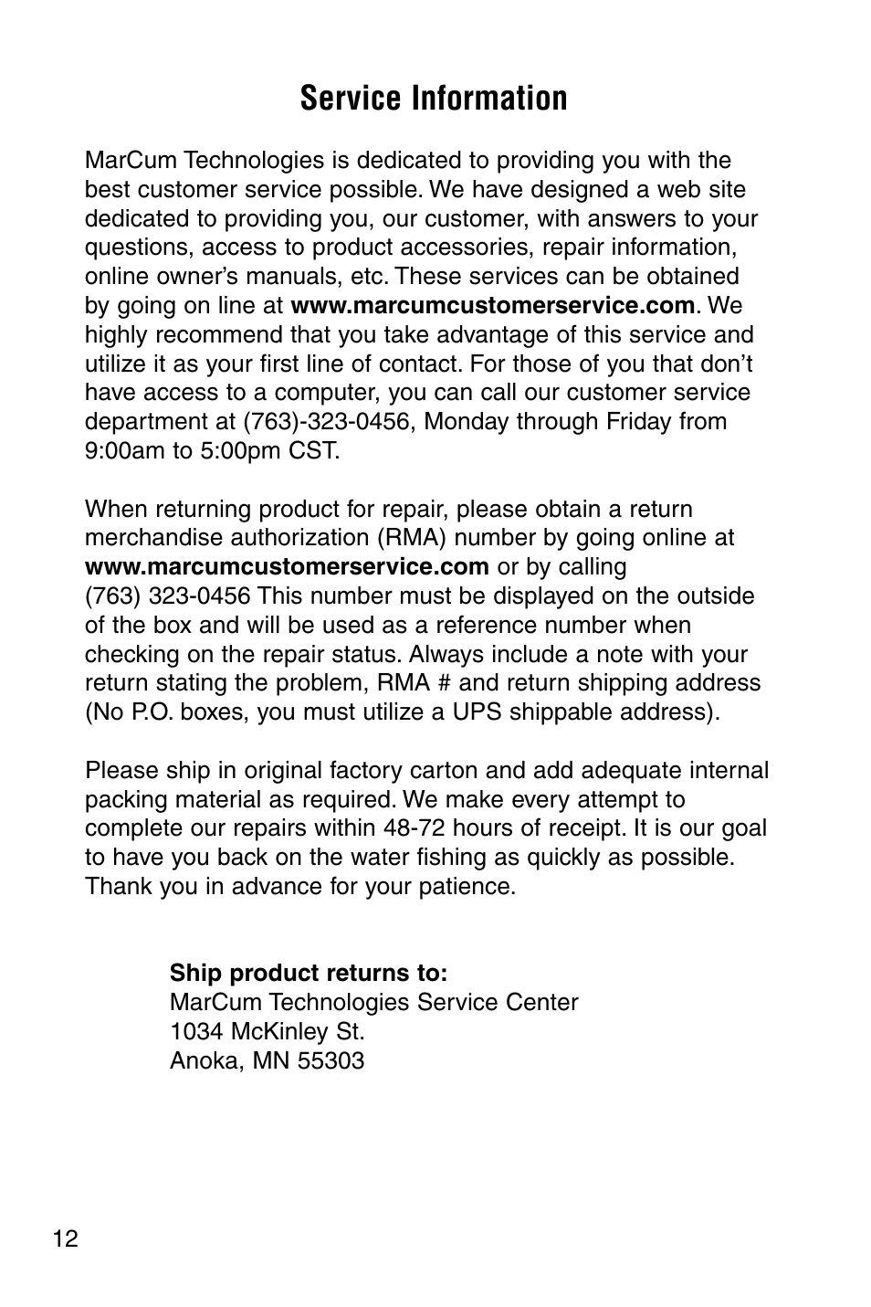 Service information | Marcum Technologies Underwater Viewing System VS820 User Manual | Page 14 / 16