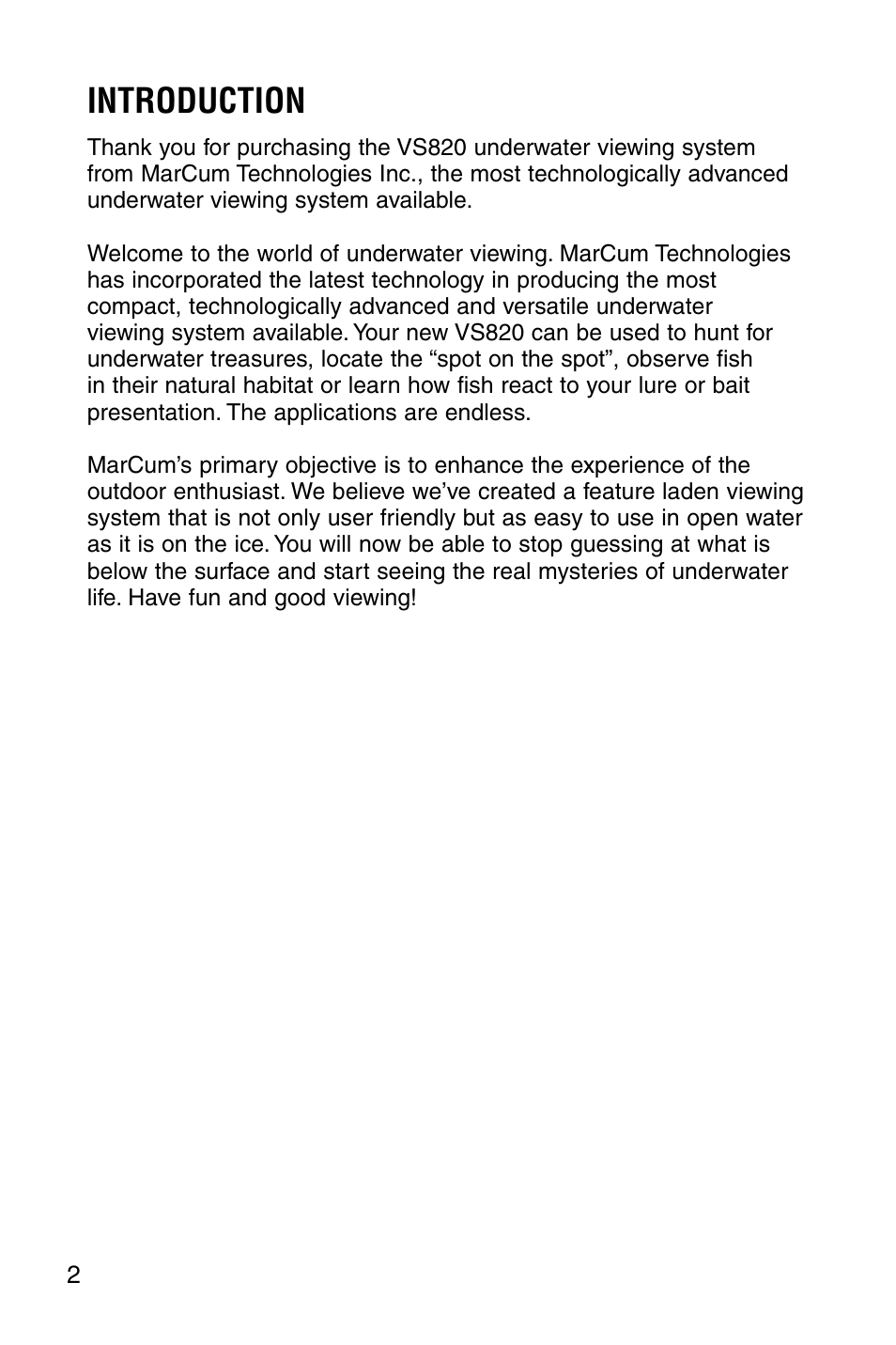 Introduction | Marcum Technologies Underwater Viewing System VS820 User Manual | Page 4 / 16