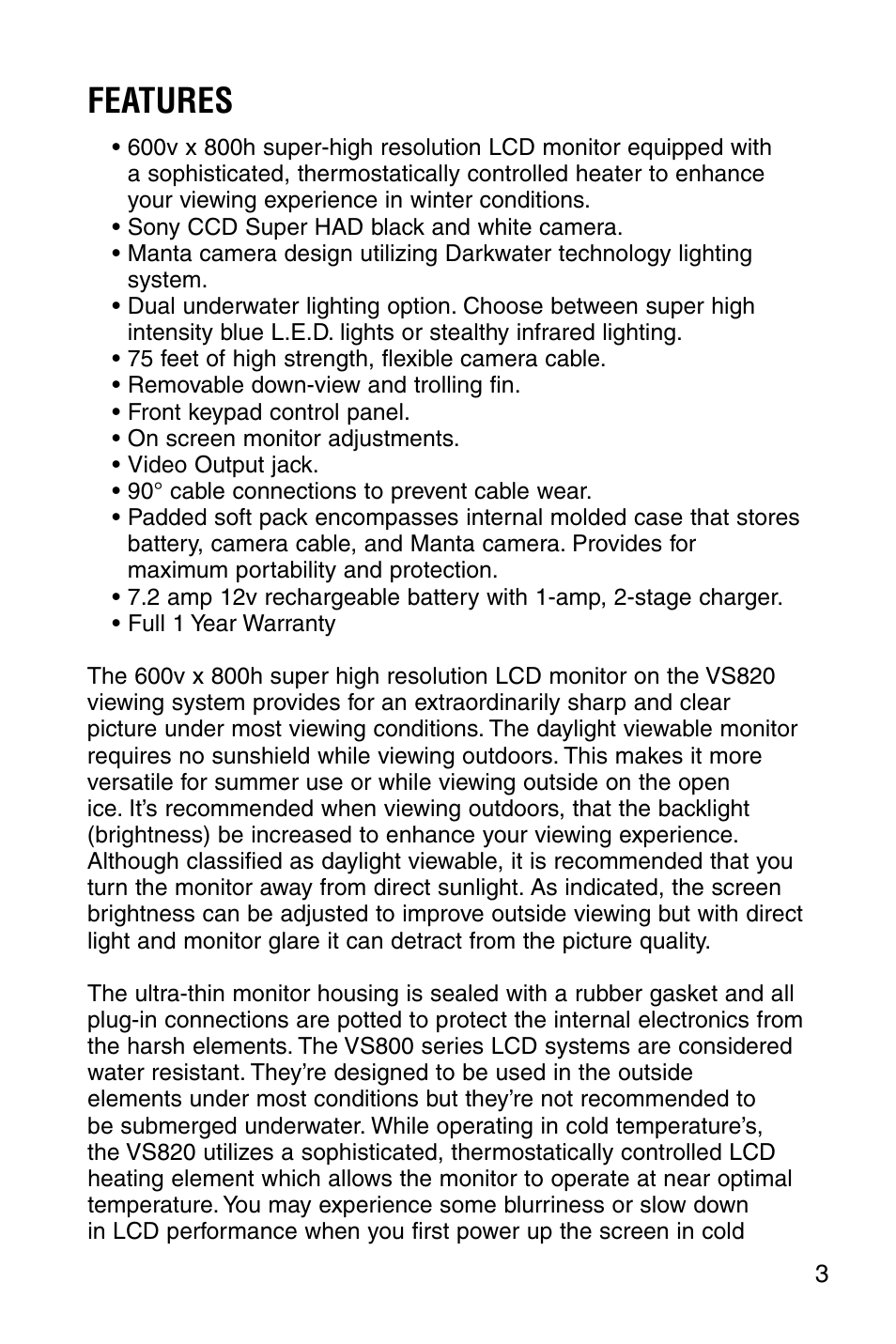 Features | Marcum Technologies Underwater Viewing System VS820 User Manual | Page 5 / 16