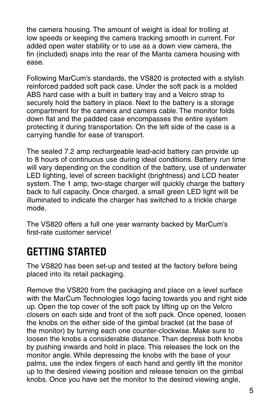 Getting started | Marcum Technologies Underwater Viewing System VS820 User Manual | Page 7 / 16