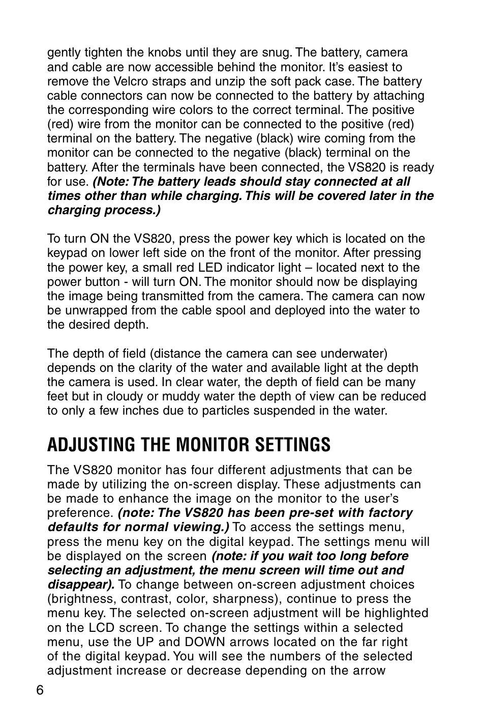 Adjusting the monitor settings | Marcum Technologies Underwater Viewing System VS820 User Manual | Page 8 / 16