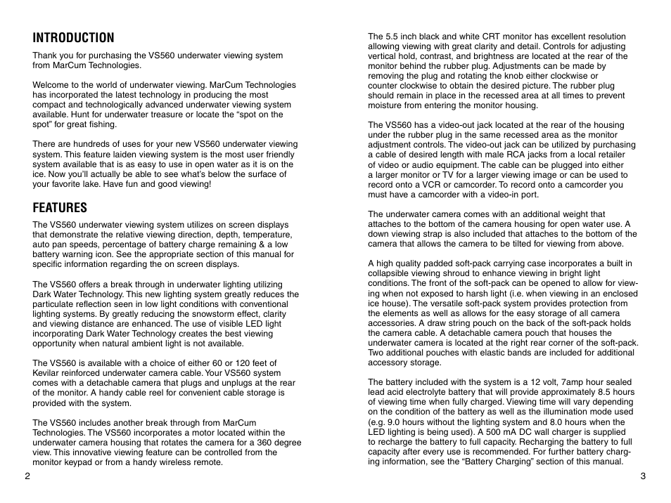 Introduction, Features | Marcum Technologies Underwater Viewing System VS560 User Manual | Page 3 / 9