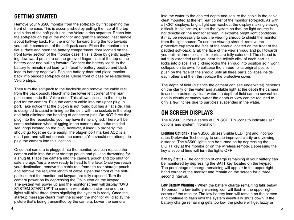 Getting started, On screen displays | Marcum Technologies Underwater Viewing System VS560 User Manual | Page 4 / 9