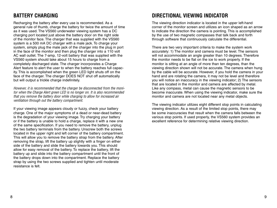 Battery charging, Directional viewing indicator | Marcum Technologies Underwater Viewing System VS560 User Manual | Page 6 / 9