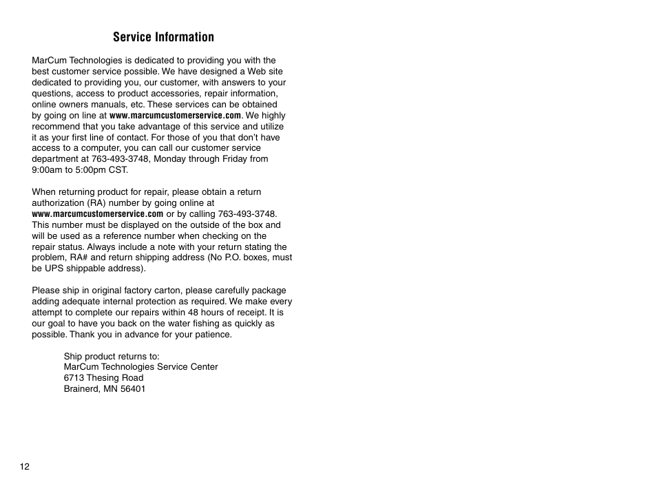 Service information | Marcum Technologies Underwater Viewing System VS560 User Manual | Page 8 / 9