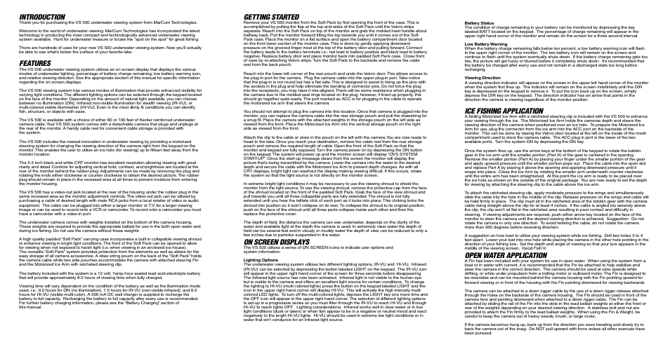 Introduction, Features, Getting started | On screen displays, Ice fishing application, Open water application | Marcum Technologies VS500 User Manual | Page 2 / 2