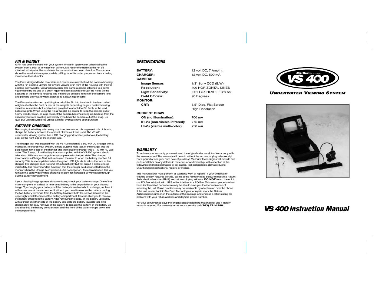 Marcum Technologies Underwater Viewing System VS 400 User Manual | 2 pages