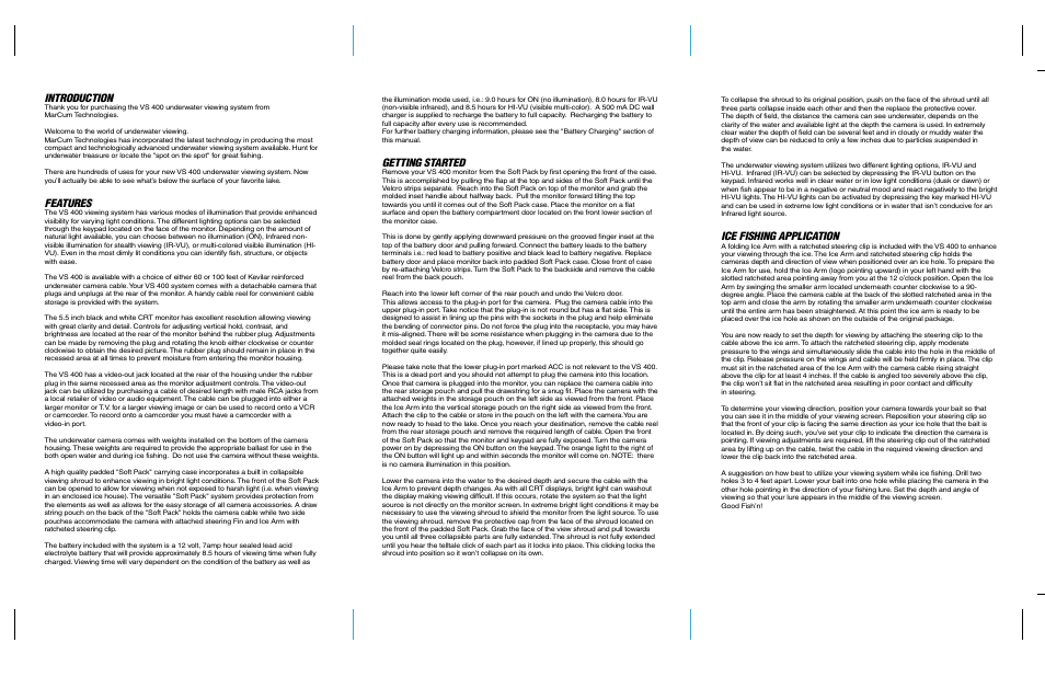 Introduction, Features, Getting started | Ice fishing application | Marcum Technologies Underwater Viewing System VS 400 User Manual | Page 2 / 2