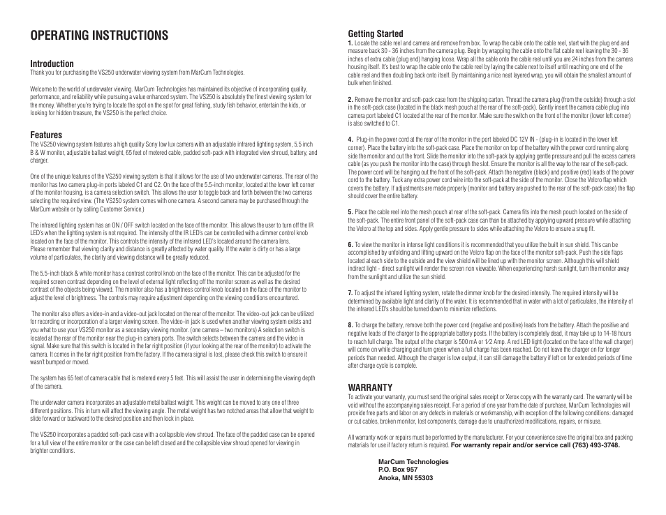 Operating instructions, Introduction, Features | Getting started, Warranty | Marcum Technologies UNDERWATER VIEWING SYSTEM VS250 User Manual | Page 2 / 2