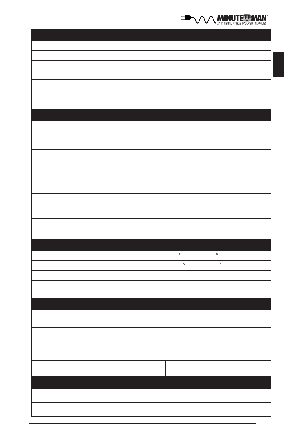 English battery system, Surge protection and filtering, Environmental | Physical, Regulatory compliance | Minuteman UPS E700RM1U User Manual | Page 22 / 28