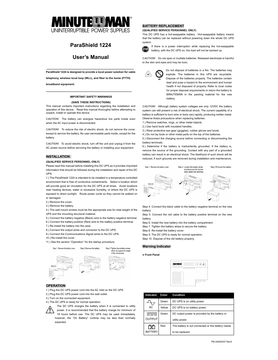 Minuteman UPS PARASHIELD 1224 PN-34000247 User Manual | 2 pages