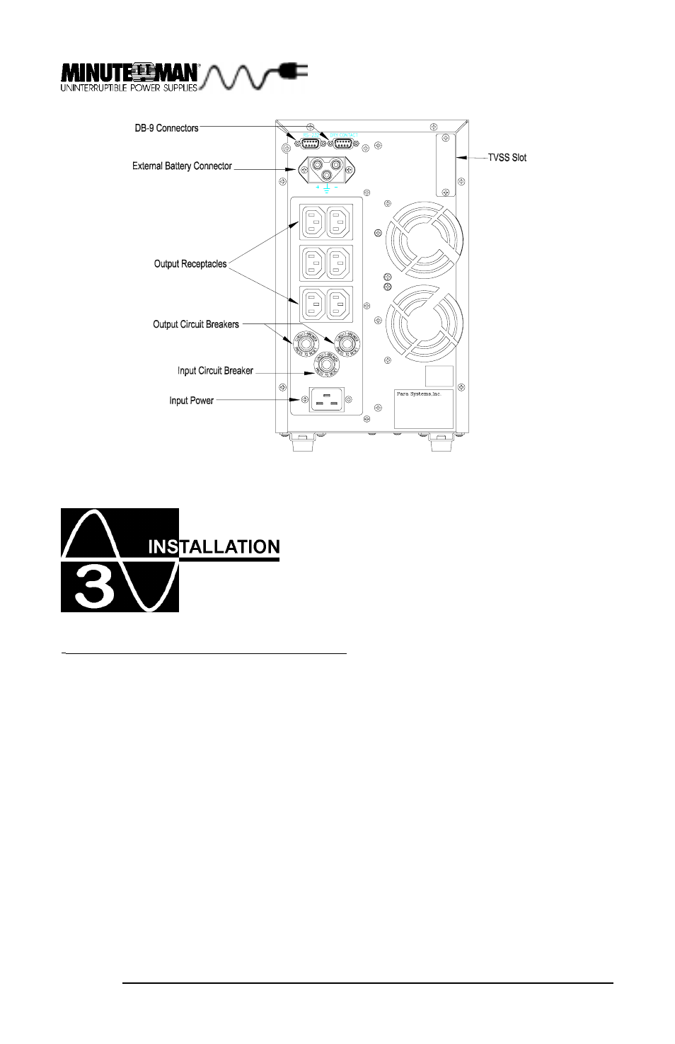 Installation placement, Mcp 3000i rear panel | Minuteman UPS MCP 1000i User Manual | Page 12 / 24