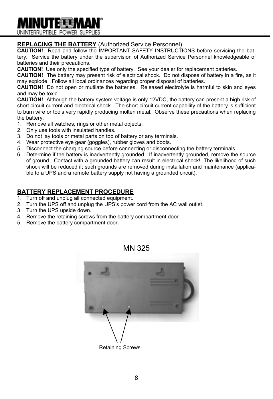 Mn 325 | Minuteman UPS MN 325/MN 525 User Manual | Page 10 / 18