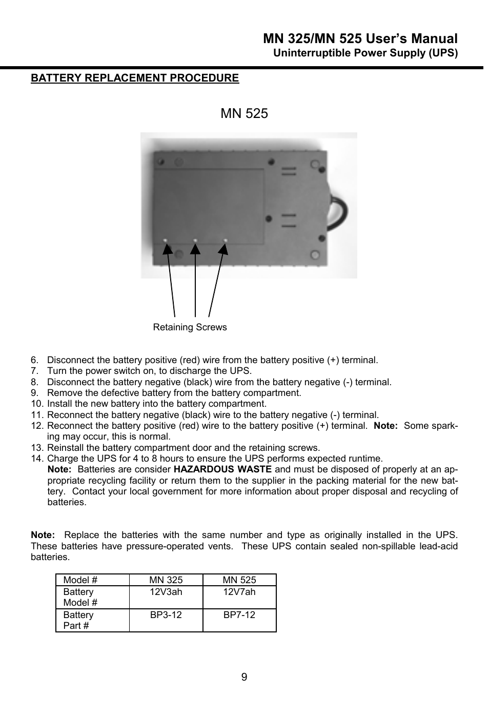 Mn 525 | Minuteman UPS MN 325/MN 525 User Manual | Page 11 / 18