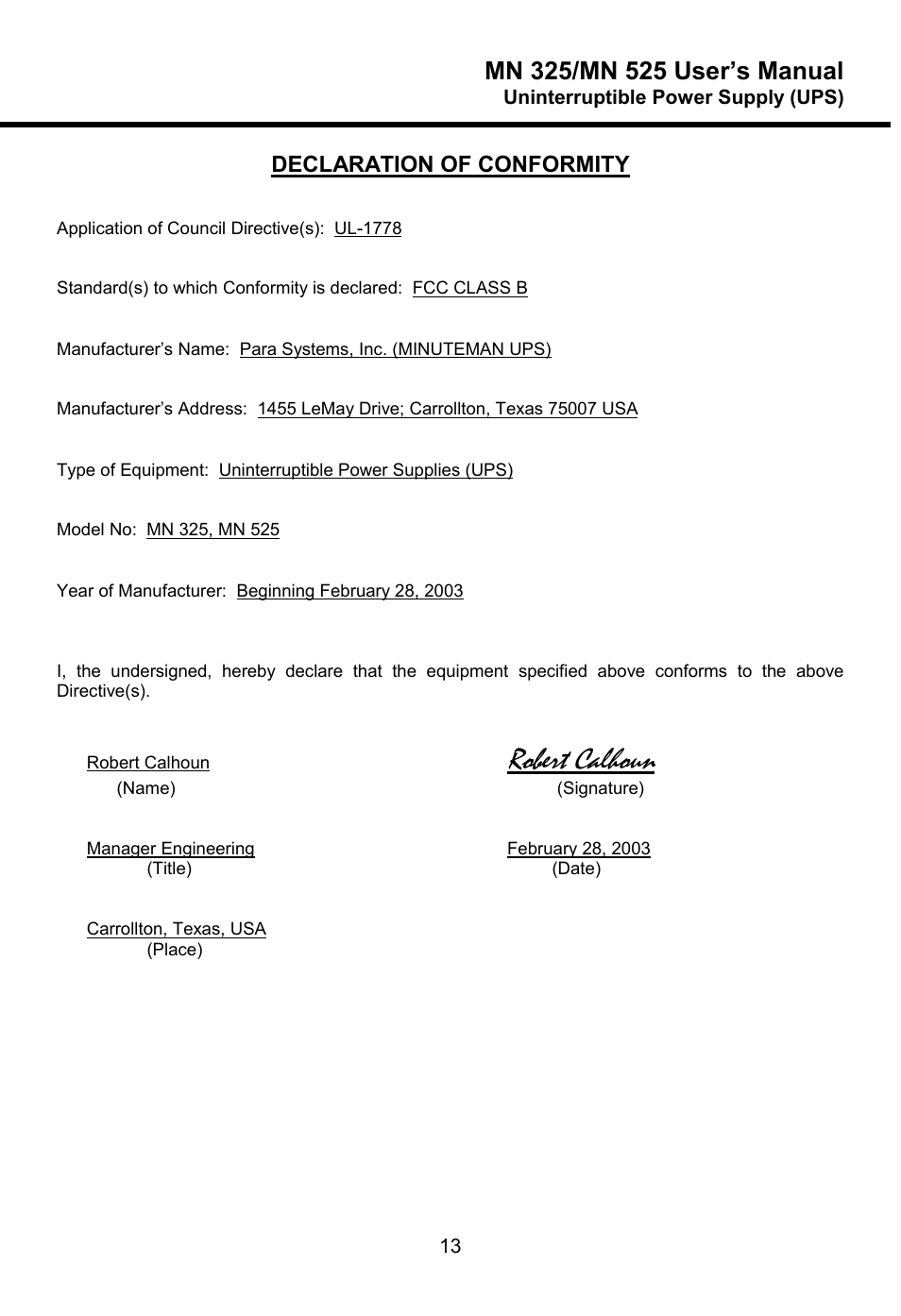 Robert calhoun | Minuteman UPS MN 325/MN 525 User Manual | Page 15 / 18