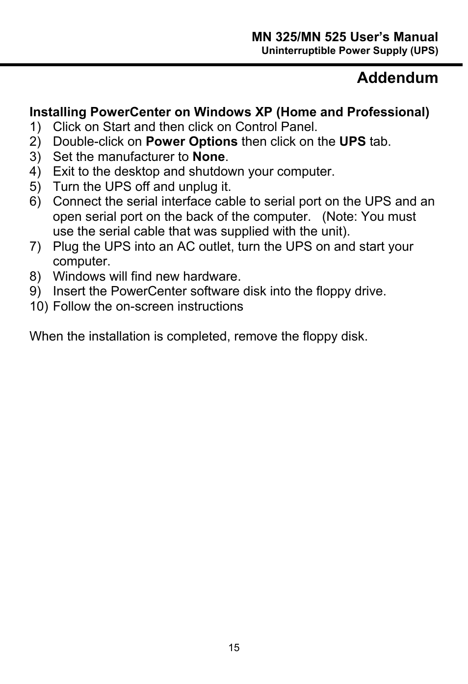 Addendum | Minuteman UPS MN 325/MN 525 User Manual | Page 18 / 18