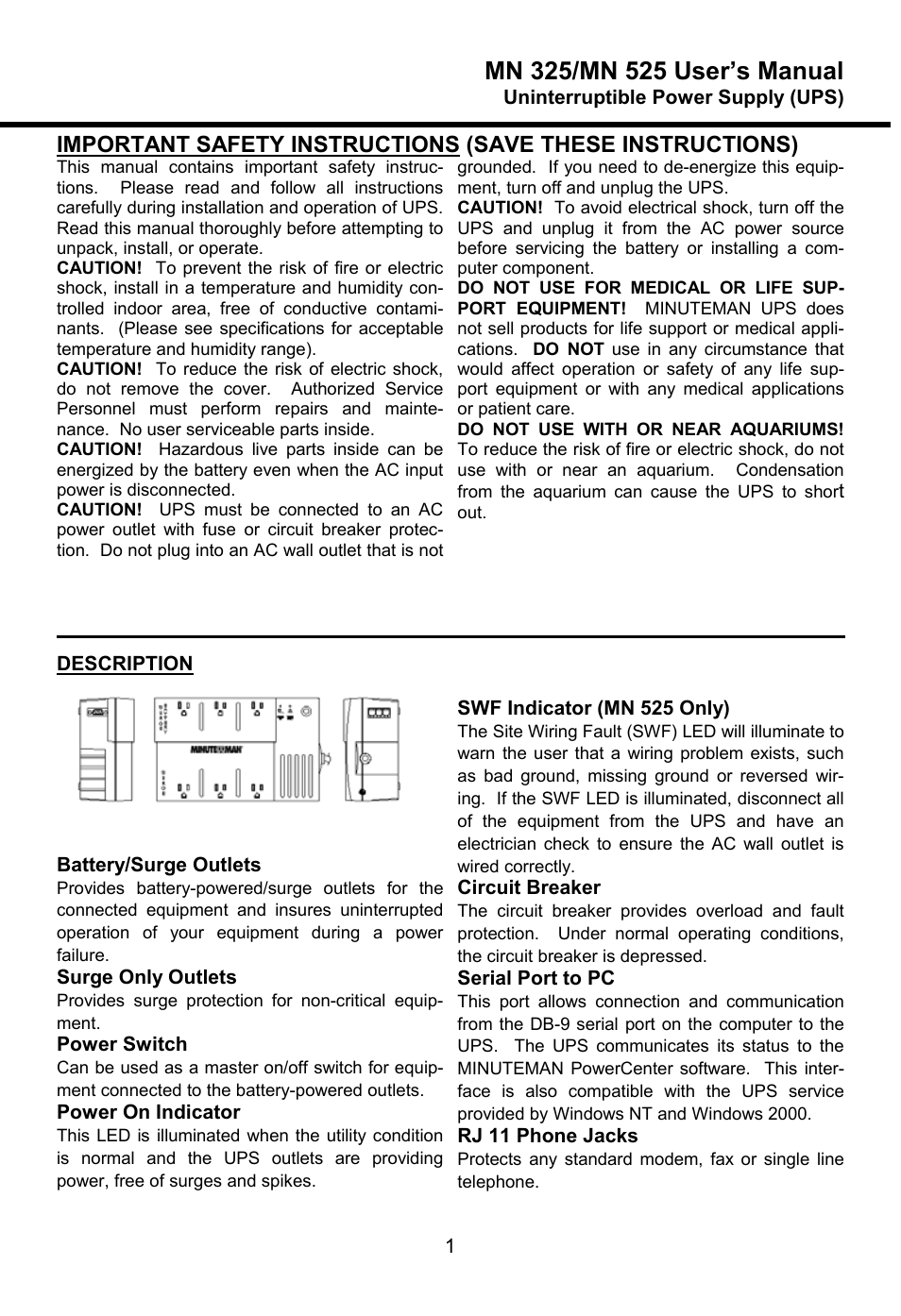 Minuteman UPS MN 325/MN 525 User Manual | Page 3 / 18