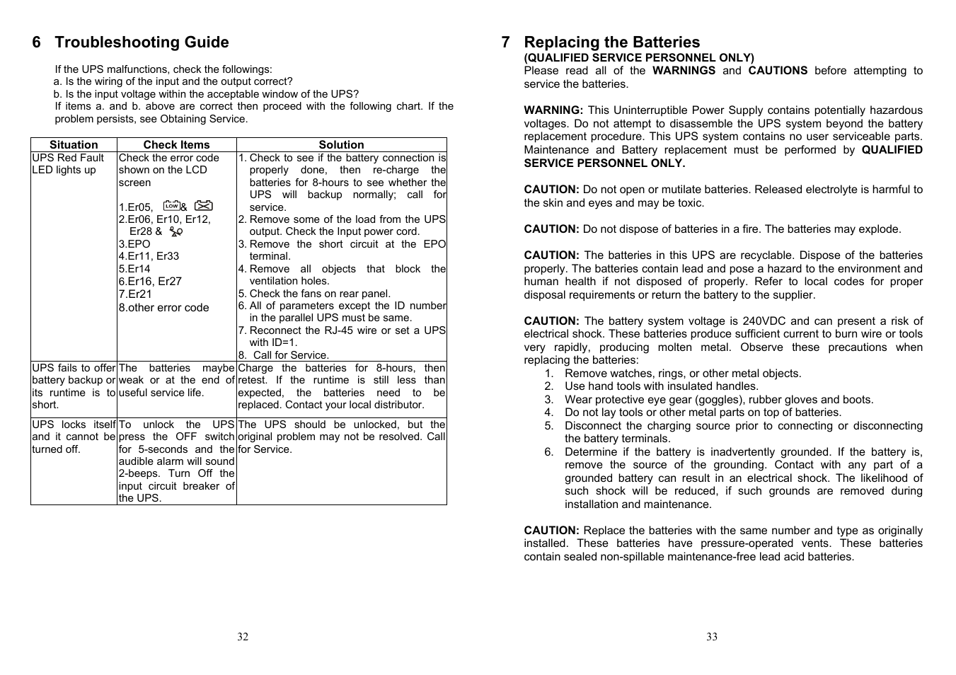 6 troubleshooting guide, 7 replacing the batteries | Minuteman UPS ED6000T User Manual | Page 18 / 23