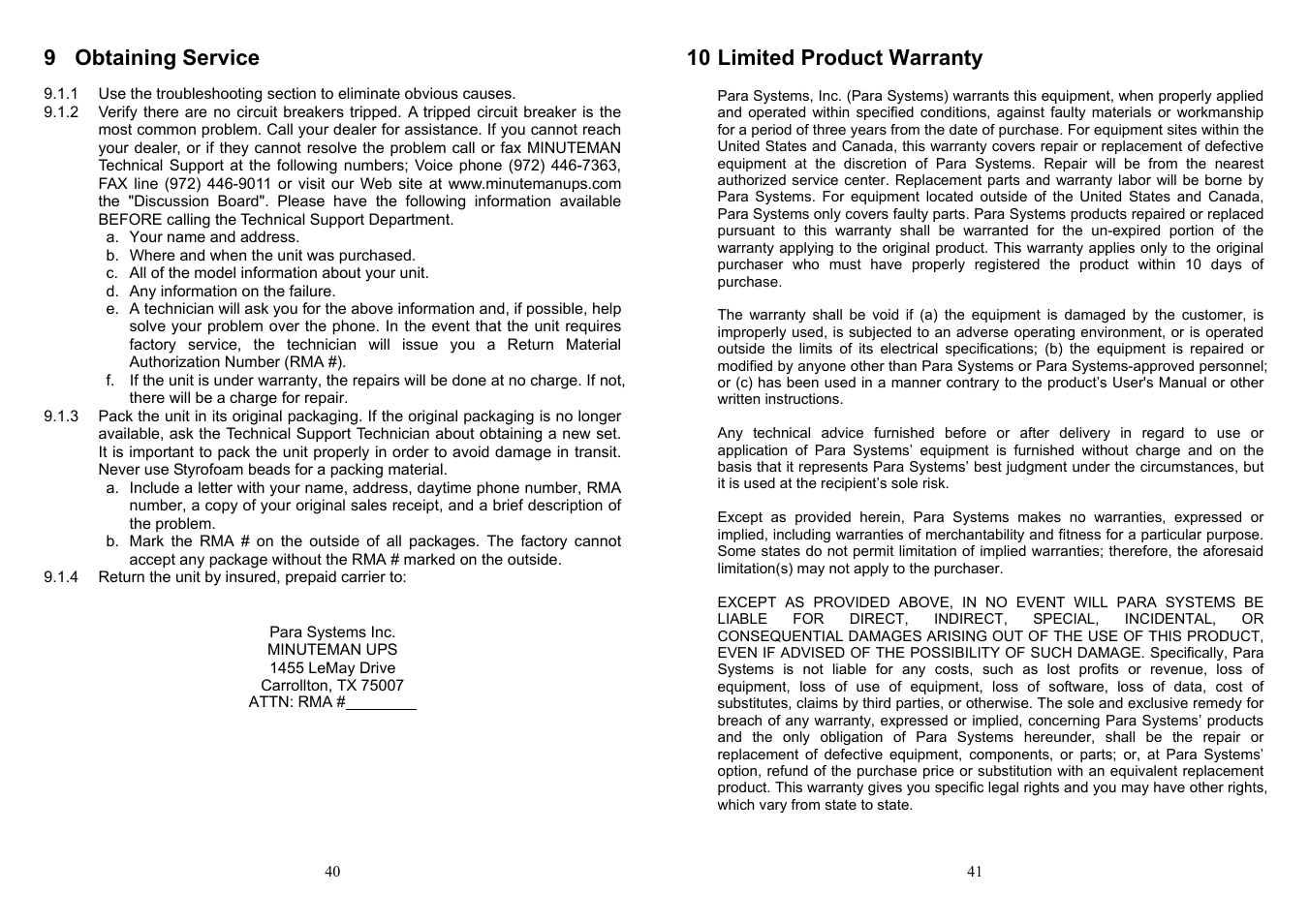 9 obtaining service, 10 limited product warranty | Minuteman UPS ED6000T User Manual | Page 22 / 23