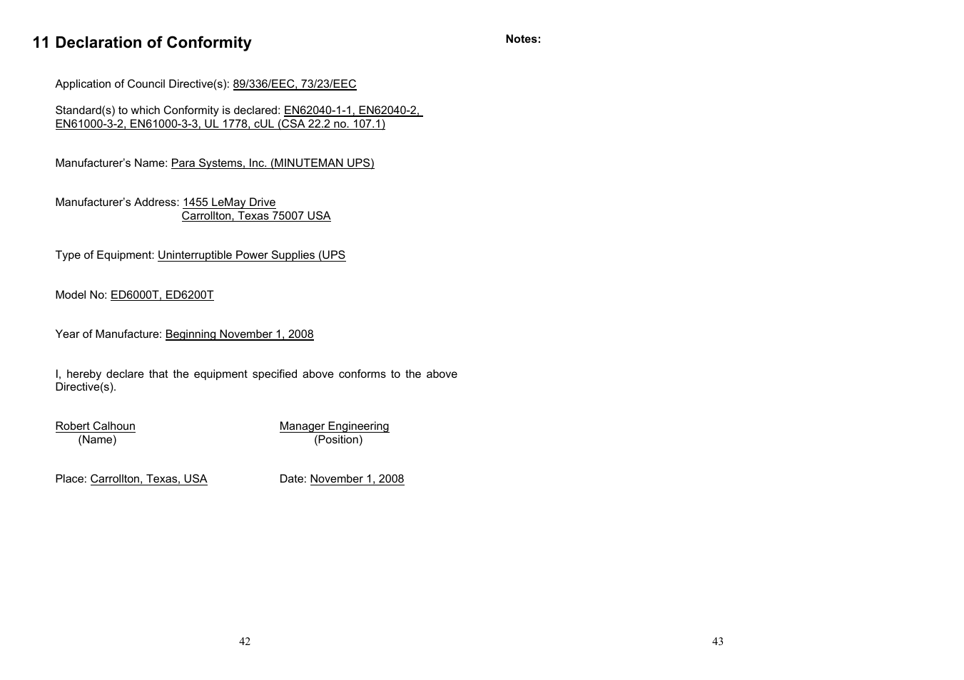 11 declaration of conformity | Minuteman UPS ED6000T User Manual | Page 23 / 23