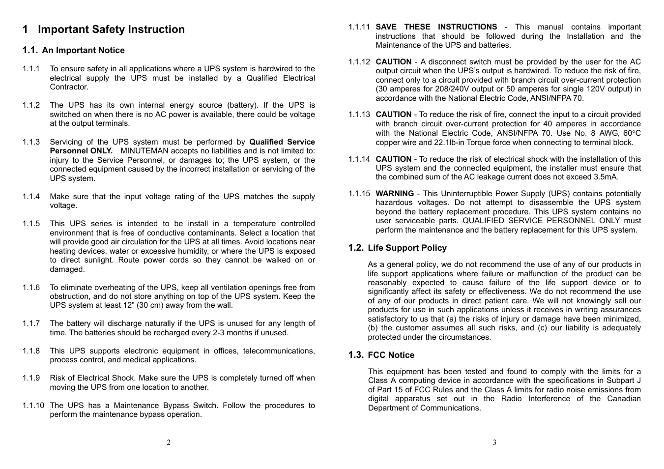 1 important safety instruction | Minuteman UPS ED6000T User Manual | Page 3 / 23