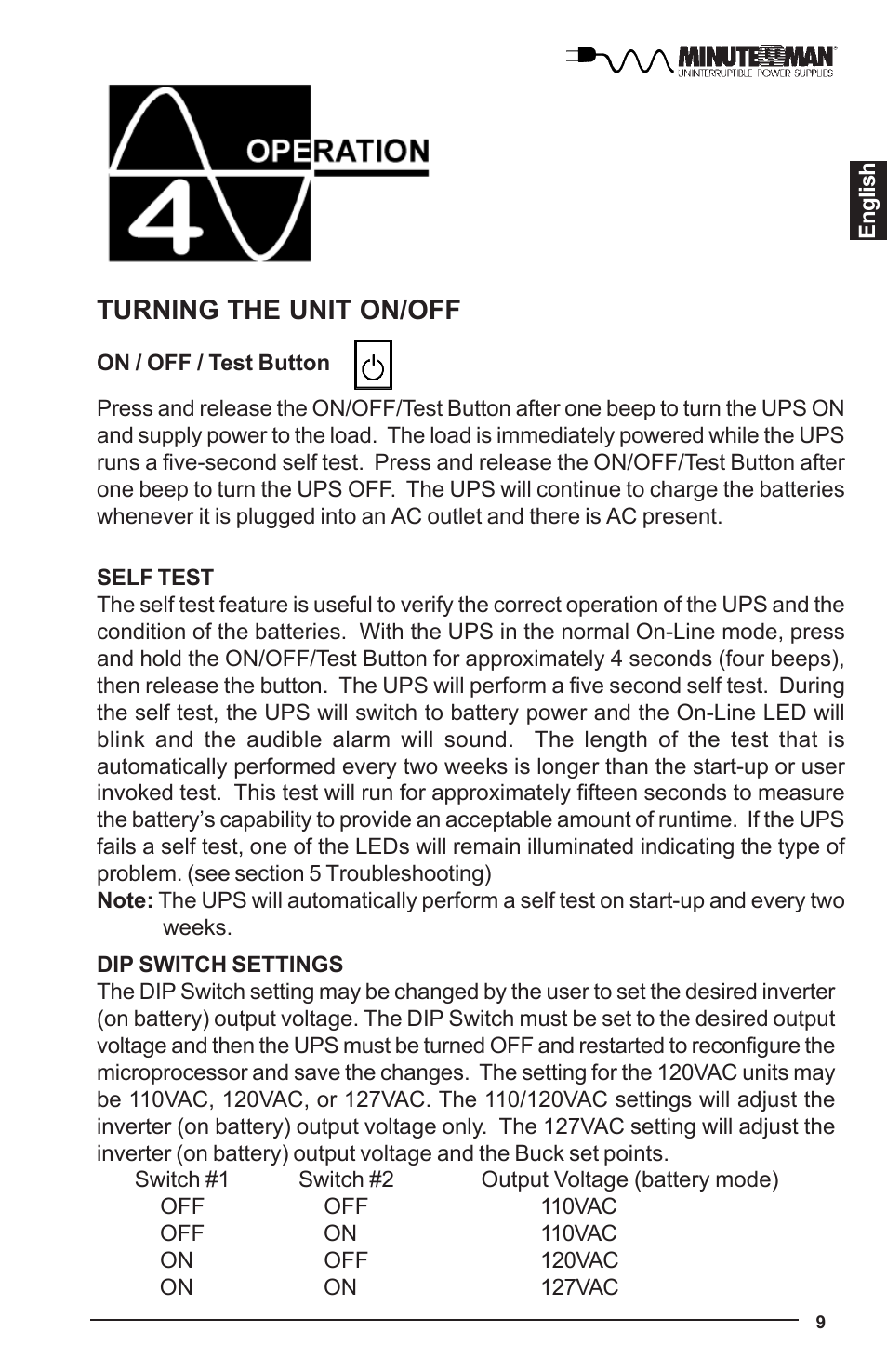 Turning the unit on/off | Minuteman UPS UPS User Manual | Page 10 / 24