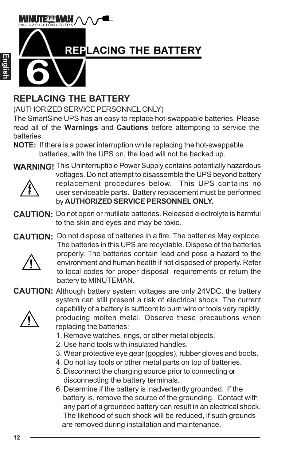 Replacing the battery | Minuteman UPS UPS User Manual | Page 13 / 24