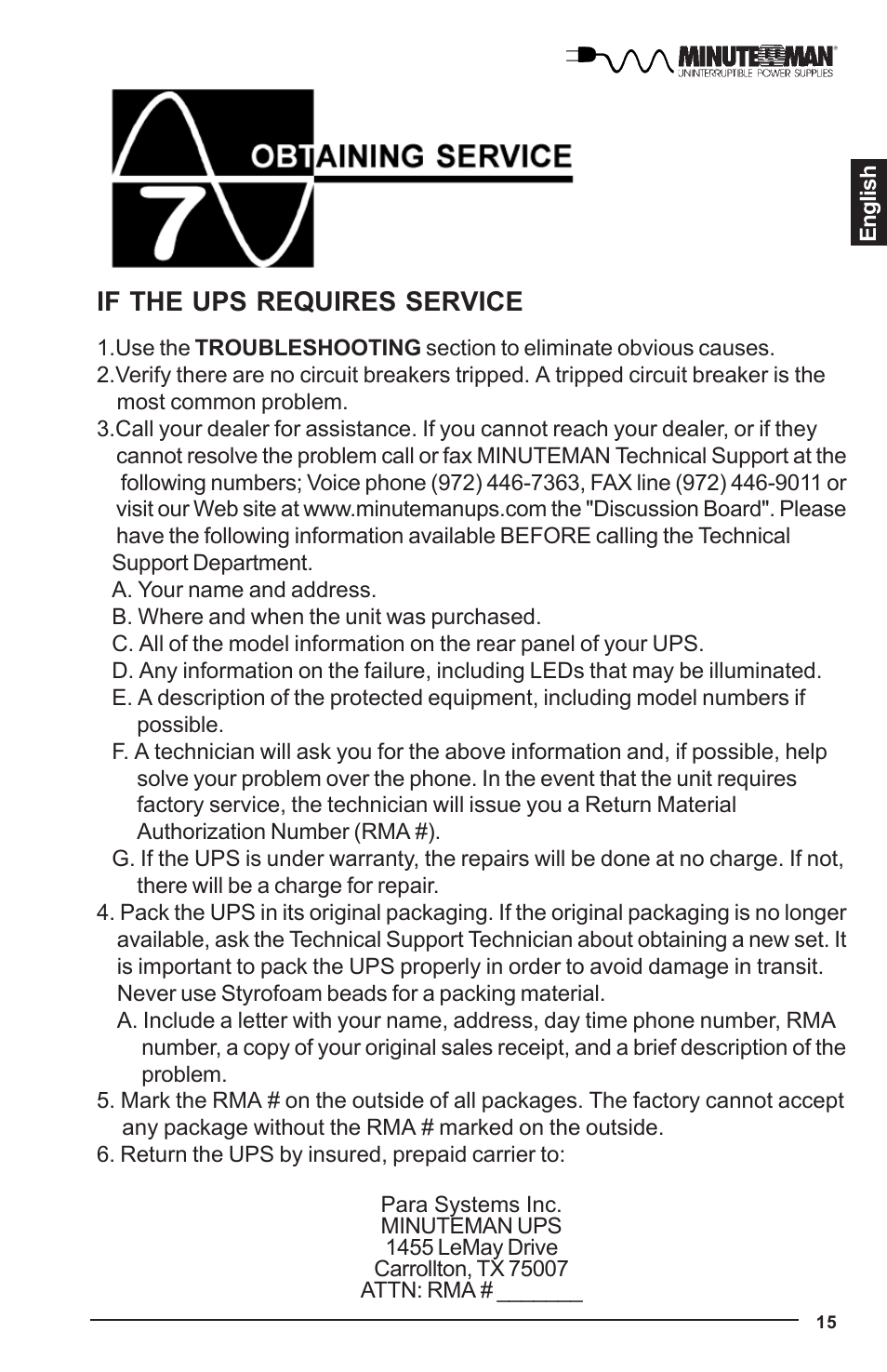 If the ups requires service | Minuteman UPS UPS User Manual | Page 16 / 24