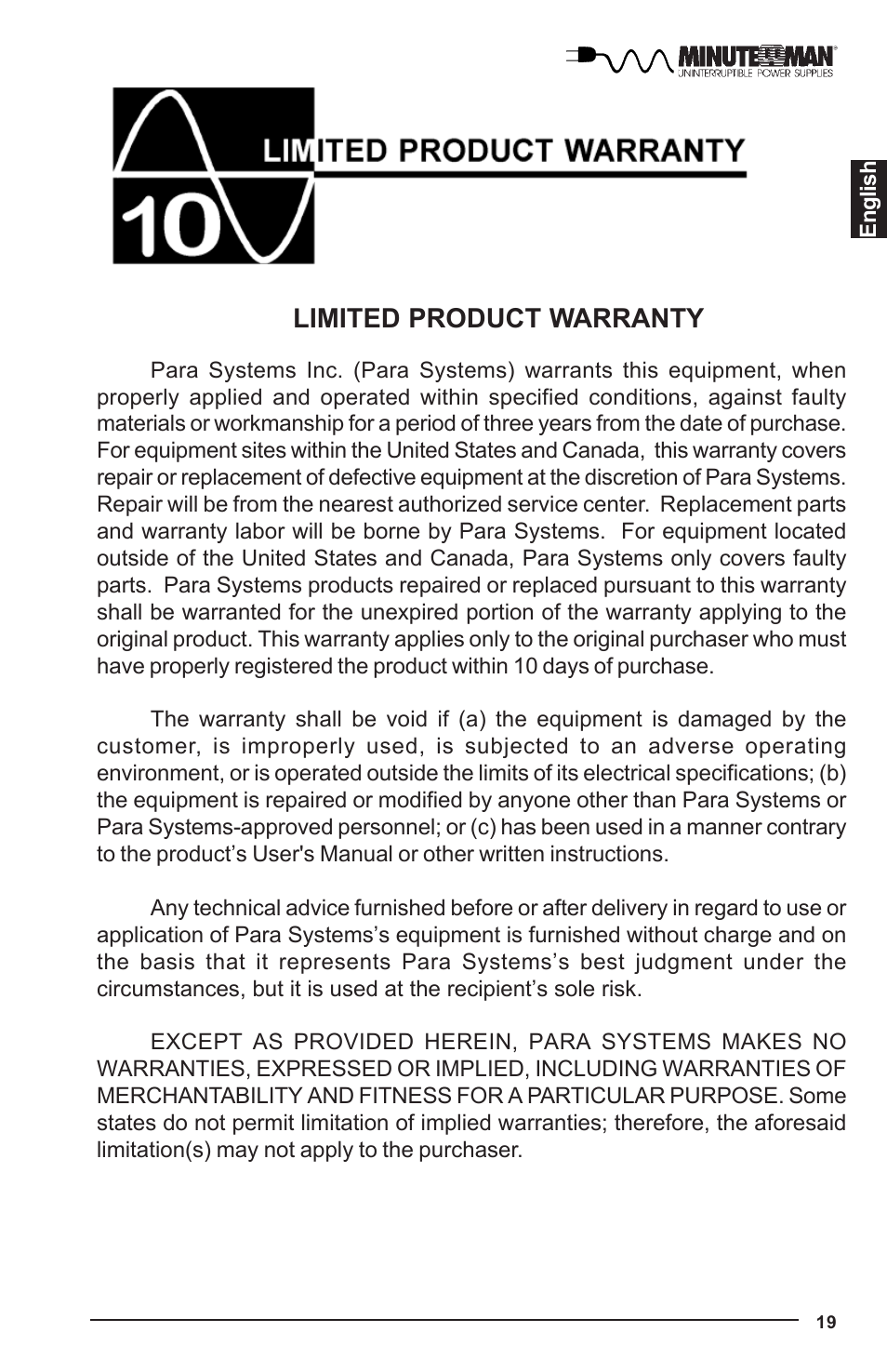 Limited product warranty | Minuteman UPS UPS User Manual | Page 20 / 24