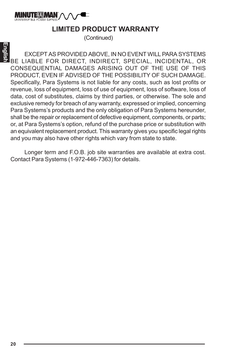 Limited product warranty | Minuteman UPS UPS User Manual | Page 21 / 24