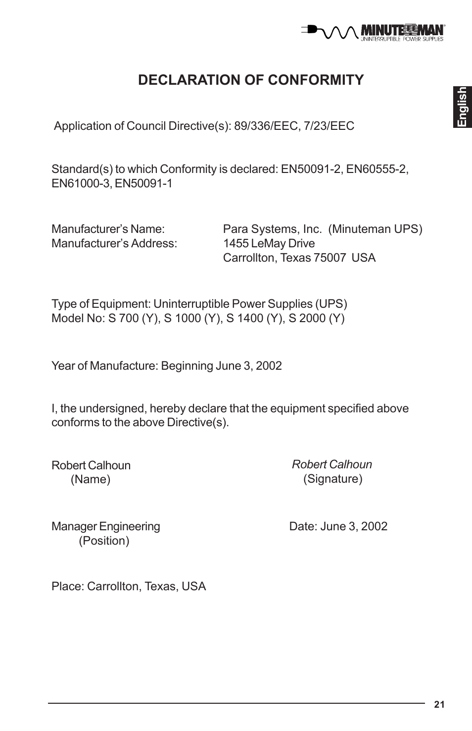 Declaration of conformity | Minuteman UPS UPS User Manual | Page 22 / 24