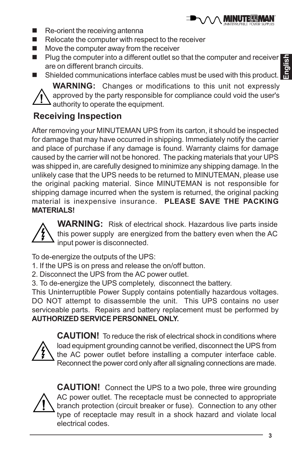 Warning, Caution, Receiving inspection | Minuteman UPS UPS User Manual | Page 4 / 24