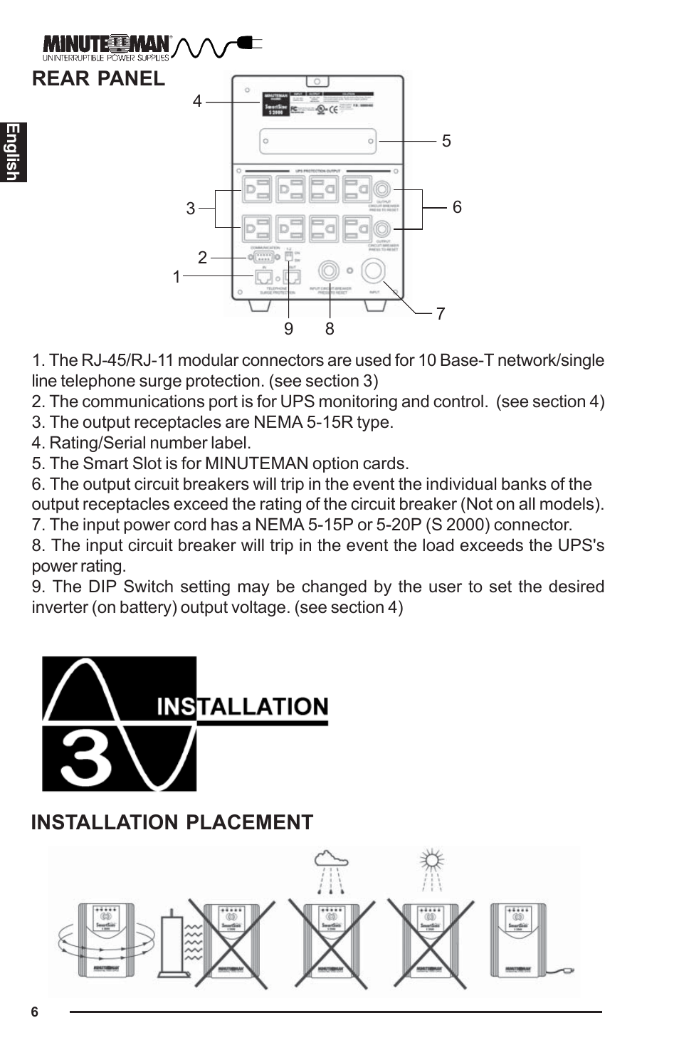 Rear panel, Installation placement | Minuteman UPS UPS User Manual | Page 7 / 24