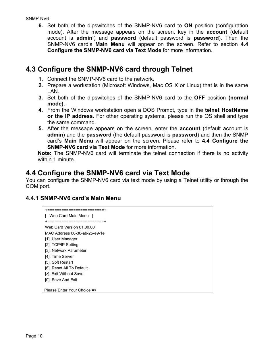 3 configure the snmp-nv6 card through telnet, 4 configure the snmp-nv6 card via text mode | Minuteman UPS PARA SYSTEMS SNMP-NV6 User Manual | Page 10 / 43