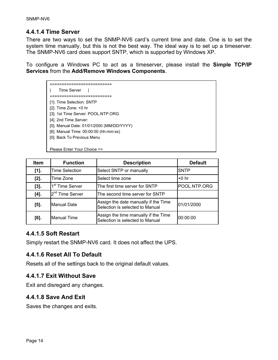 4 time server, 5 soft restart, 6 reset all to default | 7 exit without save, 8 save and exit | Minuteman UPS PARA SYSTEMS SNMP-NV6 User Manual | Page 14 / 43