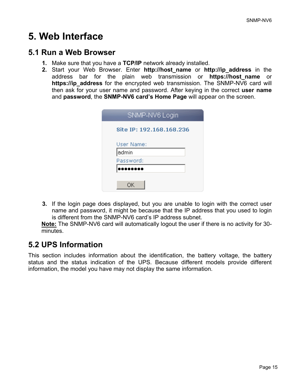 Web interface, 1 run a web browser, 2 ups information | Minuteman UPS PARA SYSTEMS SNMP-NV6 User Manual | Page 15 / 43