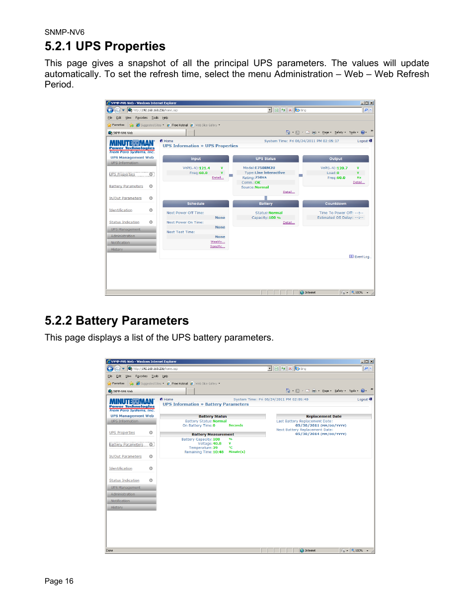 1 ups properties, 2 battery parameters | Minuteman UPS PARA SYSTEMS SNMP-NV6 User Manual | Page 16 / 43